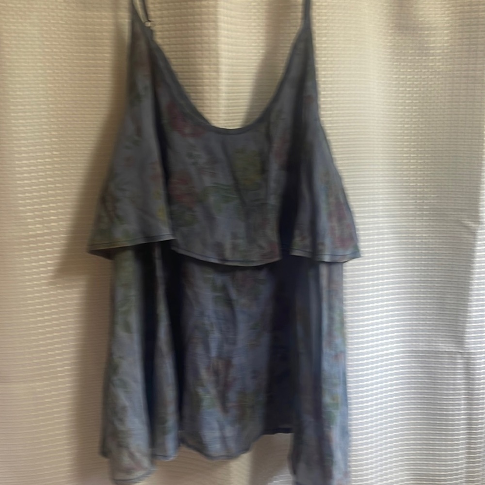 gimmicks by BKE Blue Floral Ruffle Tank Top